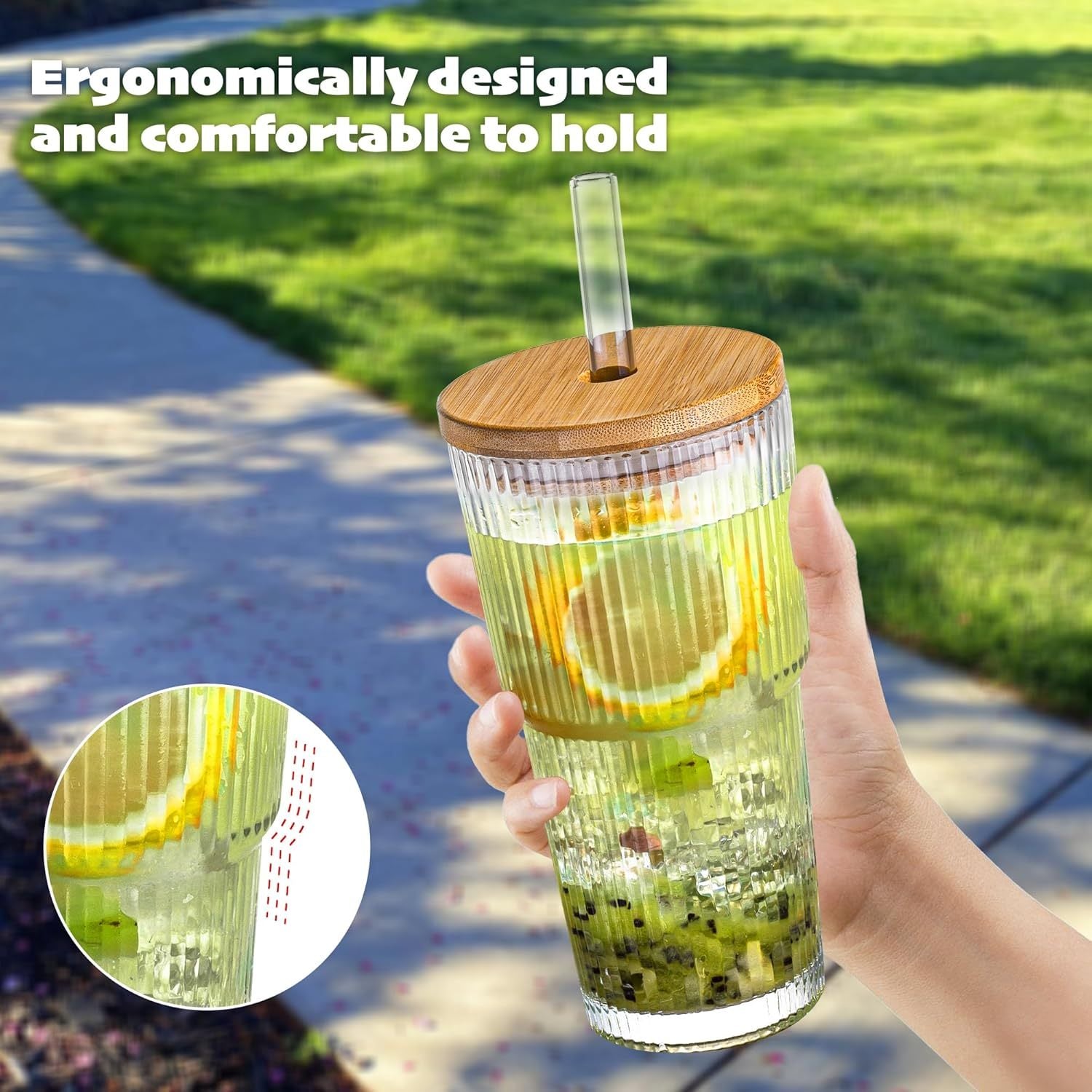 2pcs Dingerjar 20oz Ribbed Glass Tumblers with Bamboo Lids & Glass Straws - Wide Mouth Thickened Vintage Cups for Boba Tea, Iced Coffee, Juice - Reusable, Dishwasher Safe, High-Quality Drinkware, Travel Drinkware, Natural Bamboo Design, Durable Drinkware,