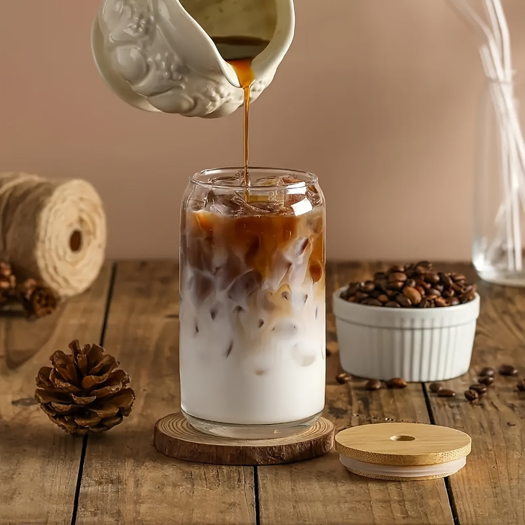 4pcs, 18.6oz/550ml, Including Bamboo Lid, Straw, Straw Brush Glass Set, with A Smooth And Pleasing Contour Design Similar to Traditional Aluminum Cans. It Is Definitely An Ideal Container for Iced Coffee, Milk Tea, Soda Water, Juice