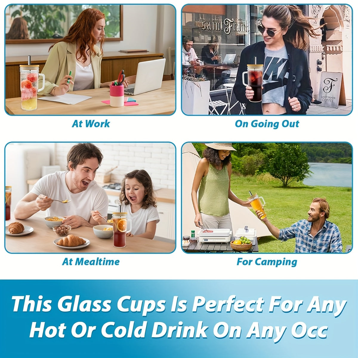 2/4pcs Glass Cup, Car Cup, Handle Glass Cup, Large Capacity Water Cup, Suitable for Coffee, Milk Tea, Drinks, Hot and Cold, Convenient to Carry