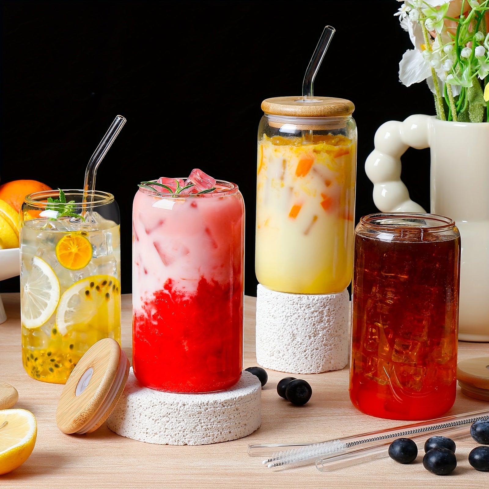 12/16pcs Glass Cup, 16oz with Bamboo Lid and Glass Straw Drinking Water Cup, Suitable for Ice Cups American Style, Juice, Milk - Comes with 2 Straws Cleaning Brushes