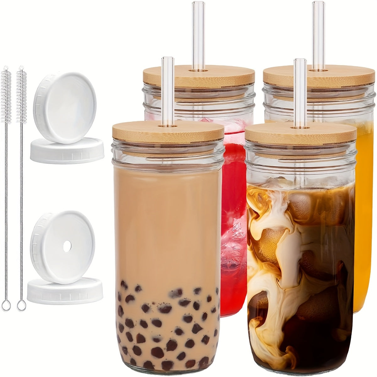 4pcs Glasses With Lids And Straws, Thickened Glass, 24 Oz Smoothie Cups, Reusable Drinking Glasses, Iced Coffee Cups, Boba Cups, Mason Jar Cups With Sealed Lids
