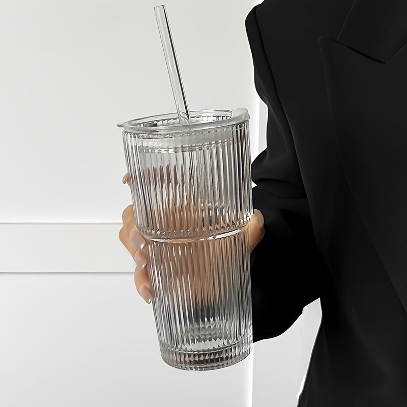 600ml Striped Glass Cup with Lid & Straw - Large Capacity for Coffee, Tea, Iced Milk, Americano, and Latte - Durable & Stylish Beverage Glass, Coffee Cup, Americano Drinkware, Elegant Drinkware, Natural Drinkware