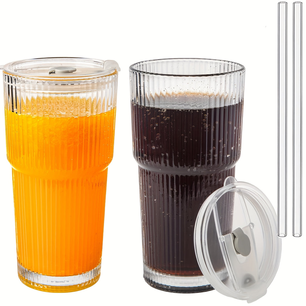 2pcs 20 Oz Ribbed Glass Tumblers With Lids And Glass Straws 4piece Glassware Set, Thickened Glass, Ideal For Iced Coffee, Smoothies, Cocktails, And Juices Elegant And Durable Drinkware