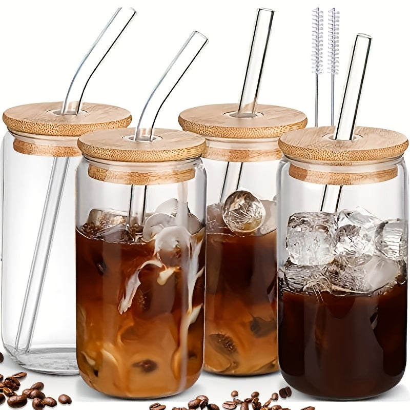 4pcs Glass Mug with Lid And Straw 16oz, Glass Drinking Set for Iced Coffee, Milk, Drinks, Juice, Drinking Glasses with Straws And Lids, Glass Canister Coffee Mugs, FREE 2 Brushes!