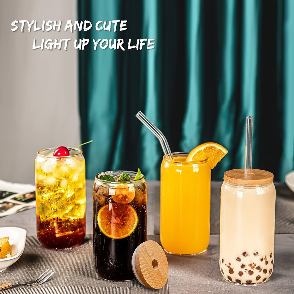 Glass Cups With Bamboo Lids And Straws 8 Set 16 Oz Reusable Iced Coffee Cup Beer Can Drinking Jars For Smoothie Boba Soda Tea, Gift, Glass Coffee Cups, Include Cleaning Brushes