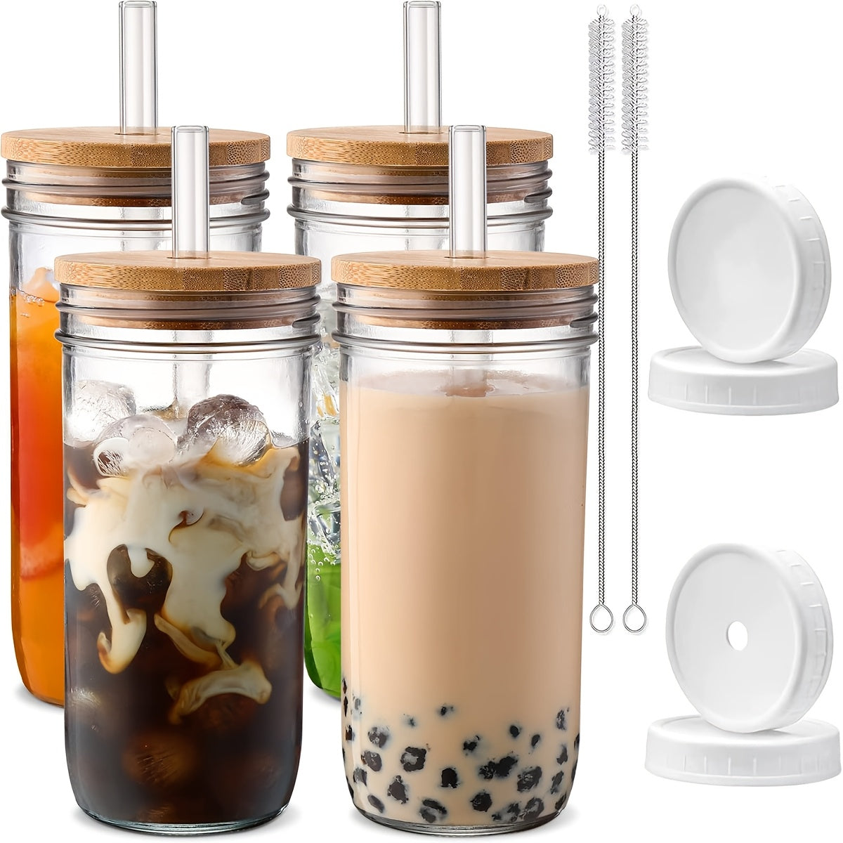 Glasses Set - 18pcs/set (4 Cups + 4 Wooden Lids + 4 Plastic Lids + 4 Straws + 2 Straw Brushes), 24 Oz Smoothie Glasses - Boba Mason Jar, Wide Mouth Milk Tea Cups, Drinking Cups, Iced Coffee Glasses.