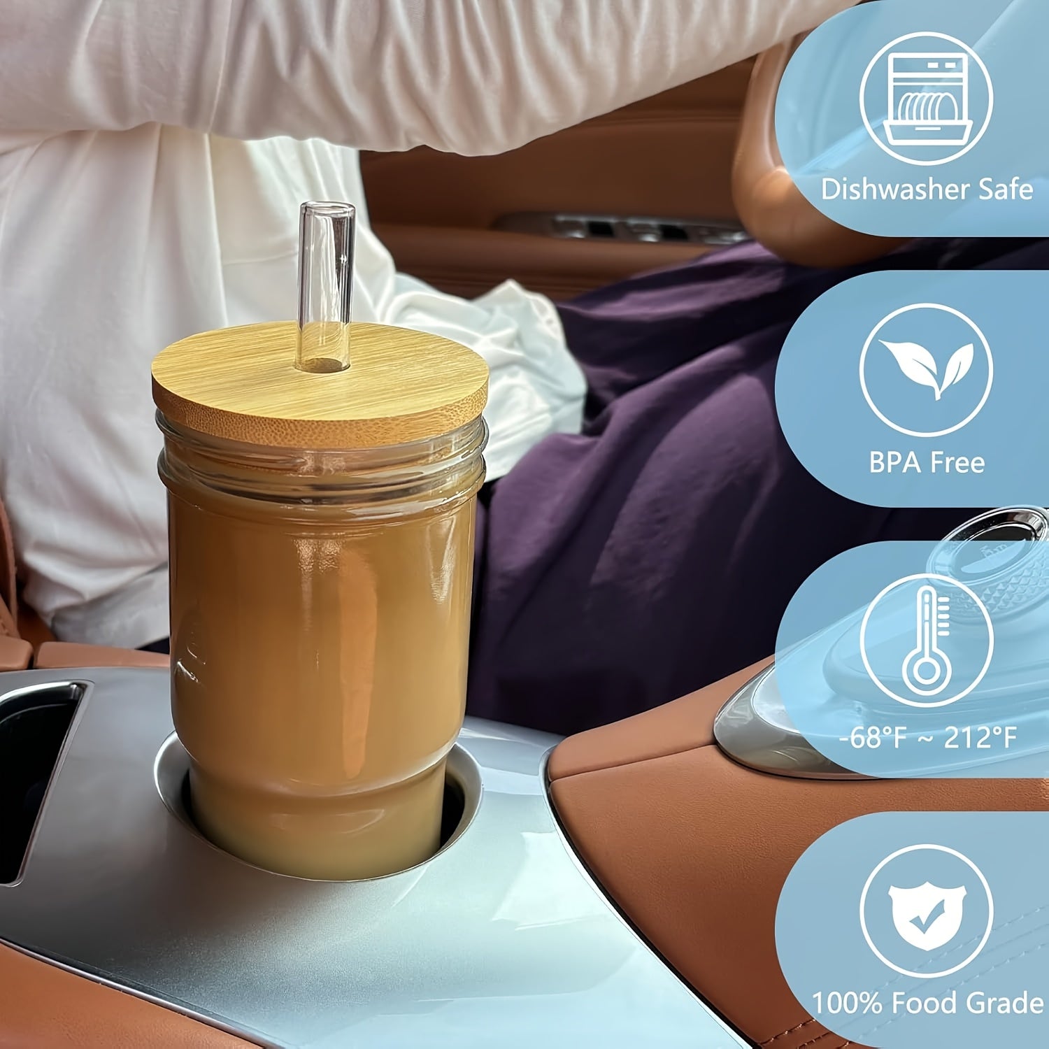 Glasses Set - 18pcs/set (4 Cups + 4 Wooden Lids + 4 Plastic Lids + 4 Straws + 2 Straw Brushes), 24 Oz Smoothie Glasses - Boba Mason Jar, Wide Mouth Milk Tea Cups, Drinking Cups, Iced Coffee Glasses.