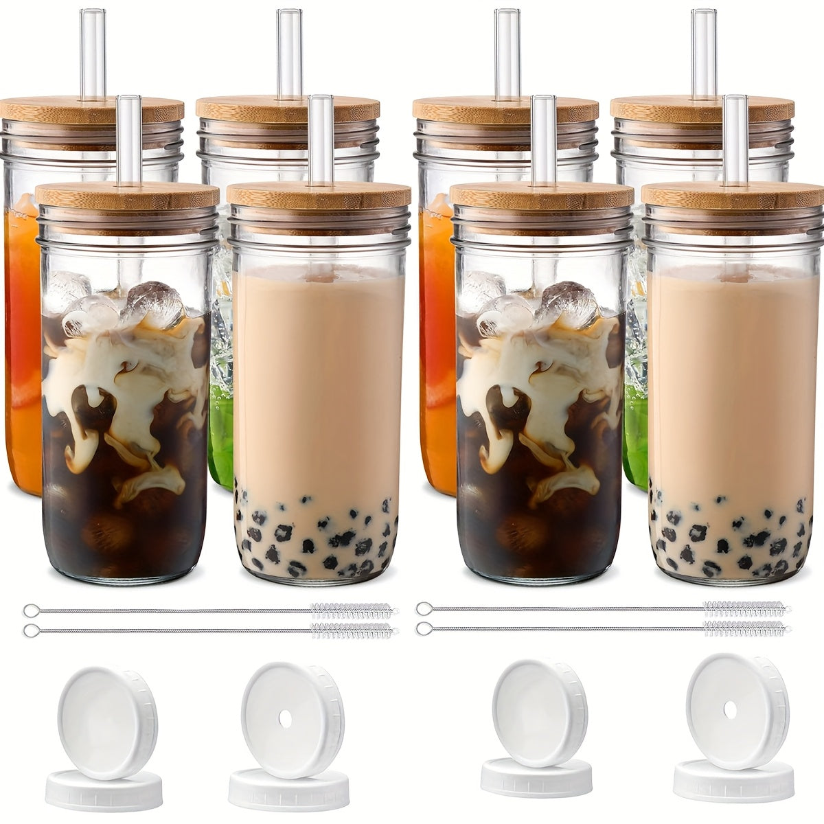 4pcs/8pcs Glass Mug Transparent Drinking Mug with Lid And Straw, with Straw Brush for Milkshake, Juice, Milk Tea, Household Glasses, Thermal Insulation And Cooling Drink Container