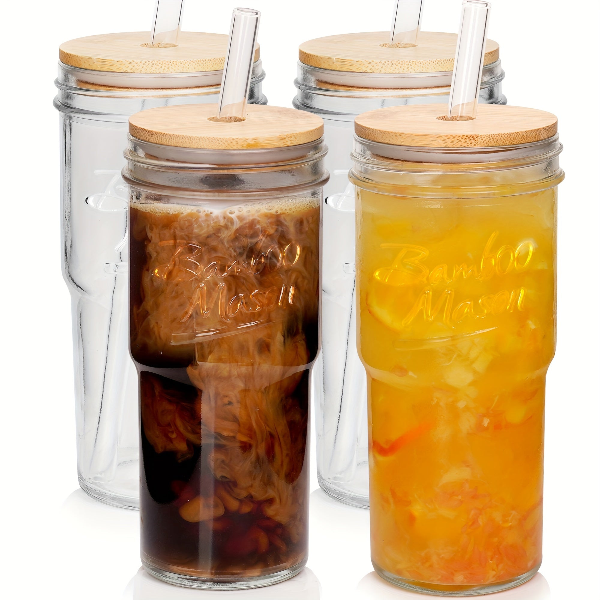 Summer Drinkware - Glass Cups With Lids And Straws 4 Packs, 24 Oz Travel Coffee Mug Wide Mouth Mason Jar Iced Coffee Cup Smoothie Cup Glass Tumbler Tea Cup Clear Water Cups Drinking Jars Glasses BBQ Party Pitcher With Lid
