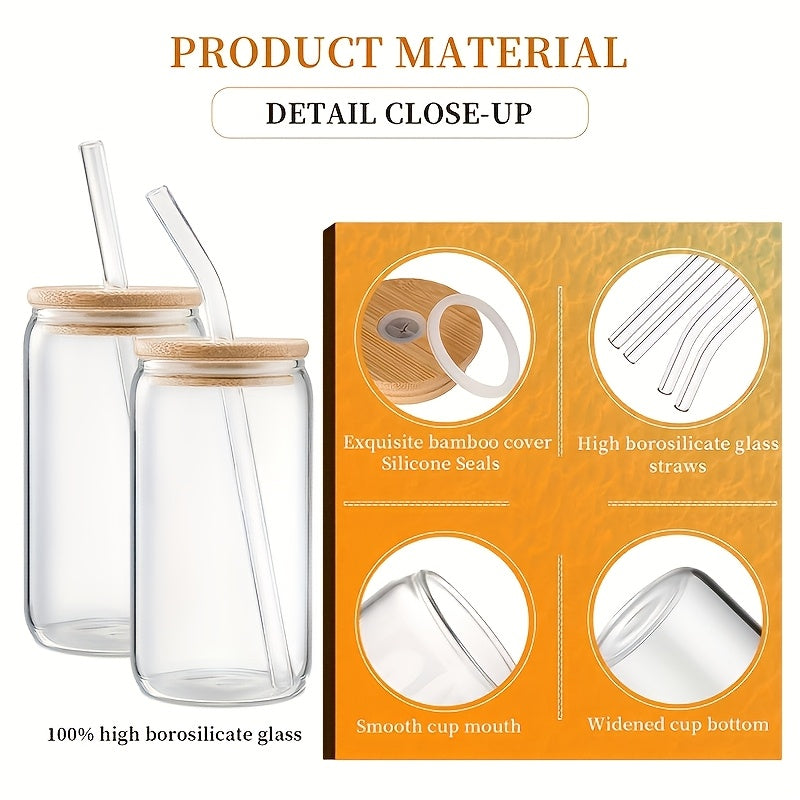 12/16pcs Glass Cup, 16oz with Bamboo Lid and Glass Straw Drinking Water Cup, Suitable for Ice Cups American Style, Juice, Milk - Comes with 2 Straws Cleaning Brushes