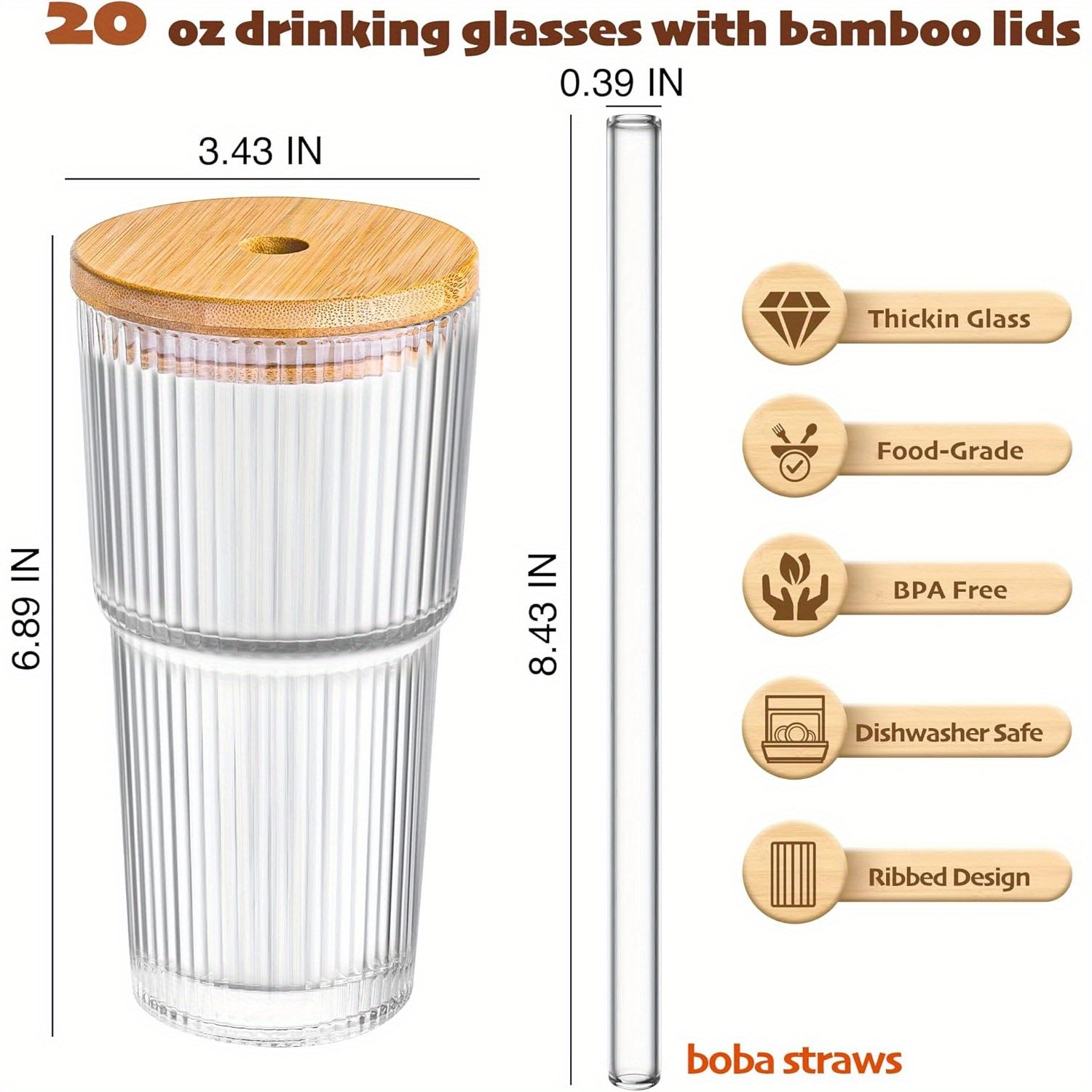 2pcs Dingerjar 20oz Ribbed Glass Tumblers with Bamboo Lids & Glass Straws - Wide Mouth Thickened Vintage Cups for Boba Tea, Iced Coffee, Juice - Reusable, Dishwasher Safe, High-Quality Drinkware, Travel Drinkware, Natural Bamboo Design, Durable Drinkware,
