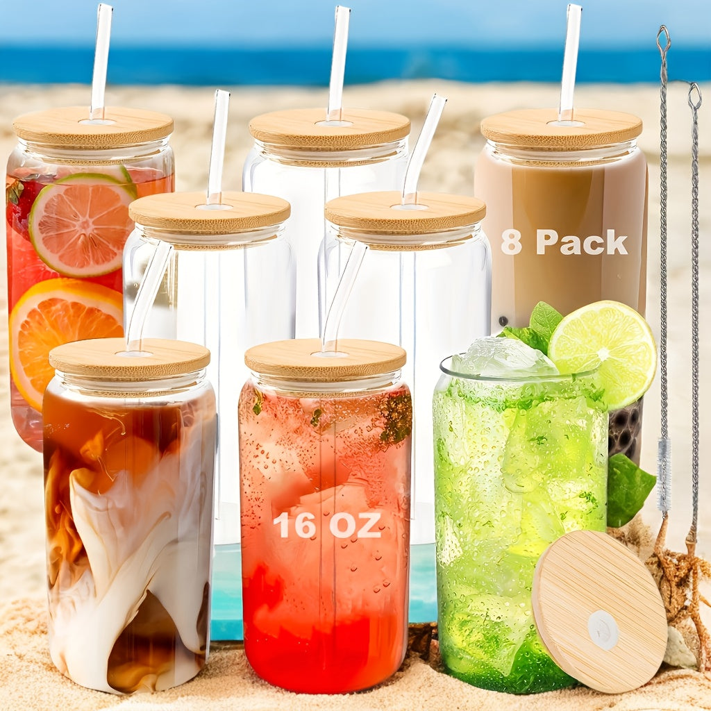 8pcs 16oz Glass Drinking Jars with Wood Lids & Glass Straws, Hand Wash Multipurpose Iced Coffee Cups - BPA-Free, Insulated, Reusable Round Beverages Set for Sodas & Parties
