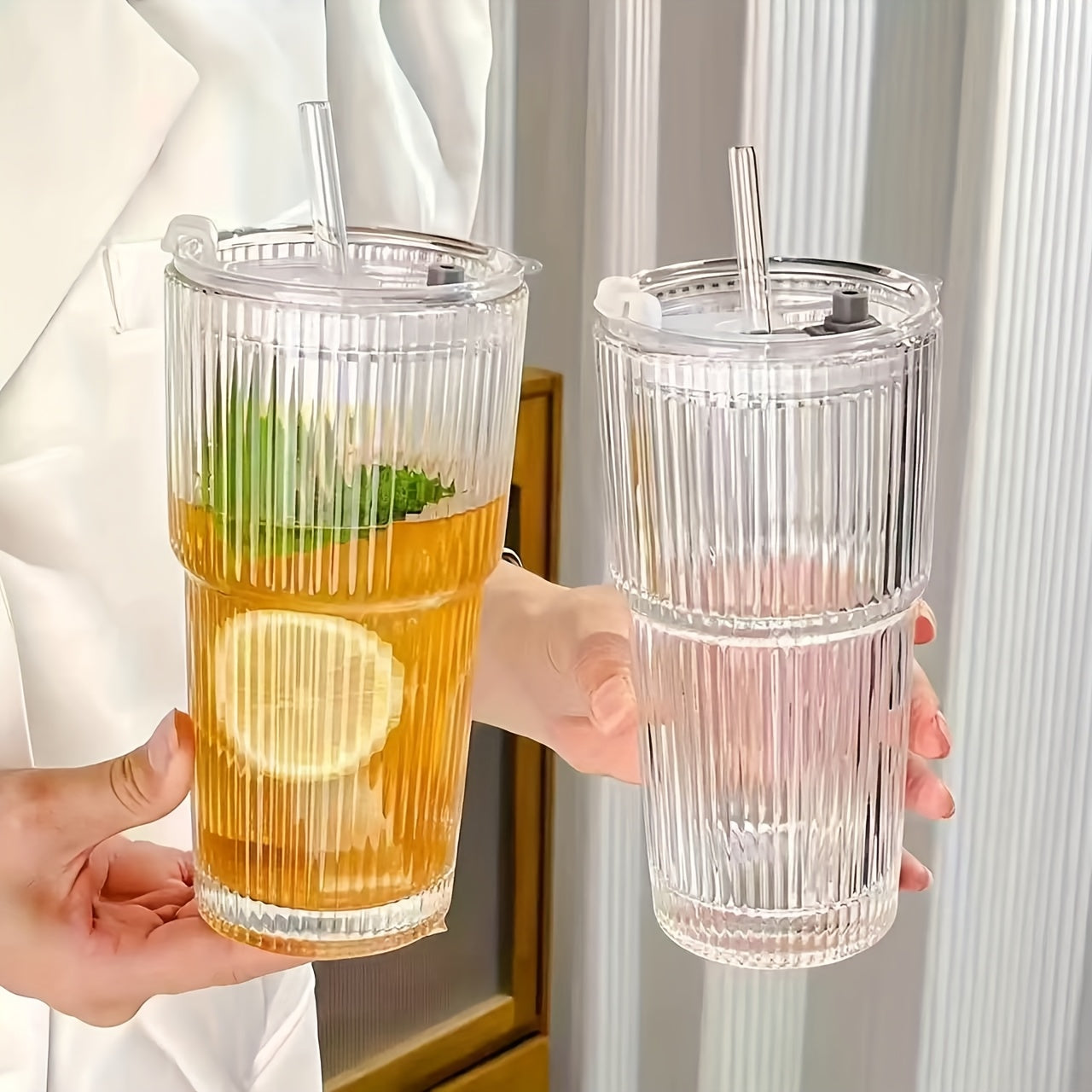 1/2 Ins Large Capacity Reusable Glass Cup with Leak-Proof Lid & Straw - Vertical Striped Design, Oval Shape for Hot & Cold Beverages - Modern Drinkware for Coffee, Tea, Juice - Perfect for Home, Office, Travel, Holiday Gifts, Office Drinkware, Stylish
