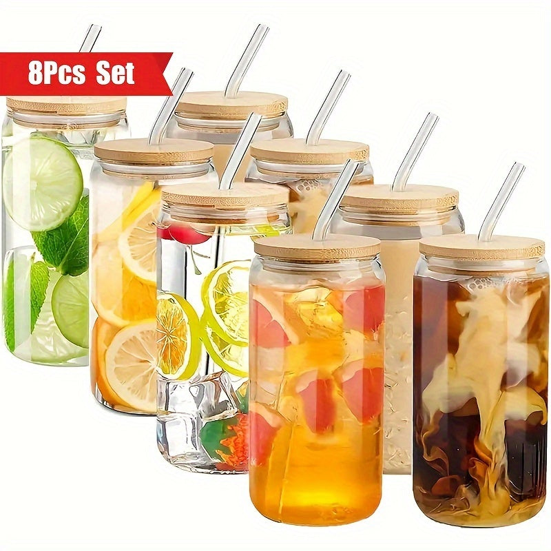 8-Pack Glass (With Bamboo Lid & Glass Straw Set) Gift Cleaning Brush - 16Oz Drinking Cup in Can, Iced Coffee Cup, Cute Anti-Tip Cup, Perfect for Travel, Exercise, Hydration, Christmas, Halloween, Dinner Sharing