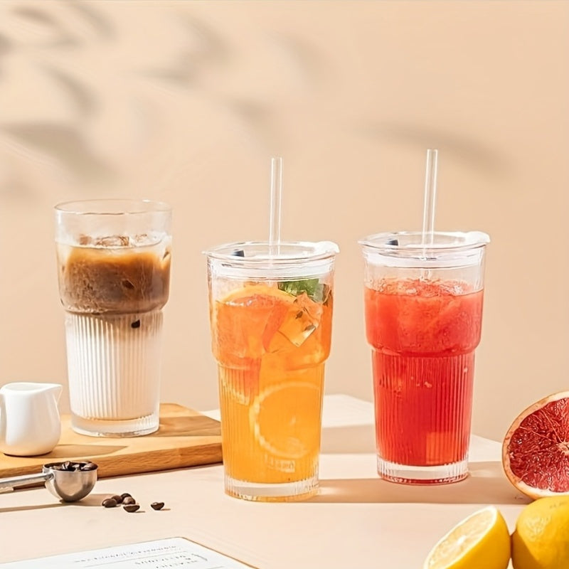 2pcs Glassware Set, 600ml/20oz Ribbed Glass Bucket With Lid And Glass Straw, Thick Glass, Perfect For Iced Coffee, Smoothies, Cocktails, And Juices - Elegant And Durable Beverage Vessel