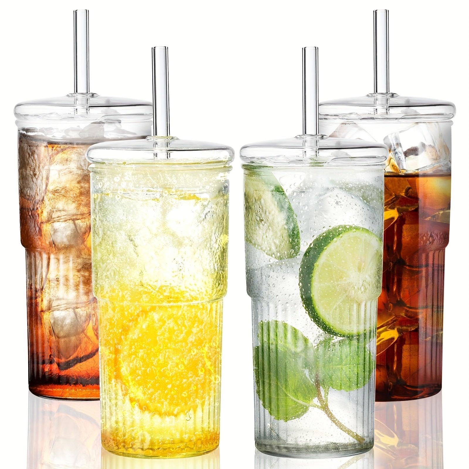 [Reusable Tumbler] 20oz Reusable Glass Tumbler Set With Lids And Straws | 2 Or 4 Pack, Ideal For Iced Coffee, Juice, Milk, Home And Gifts