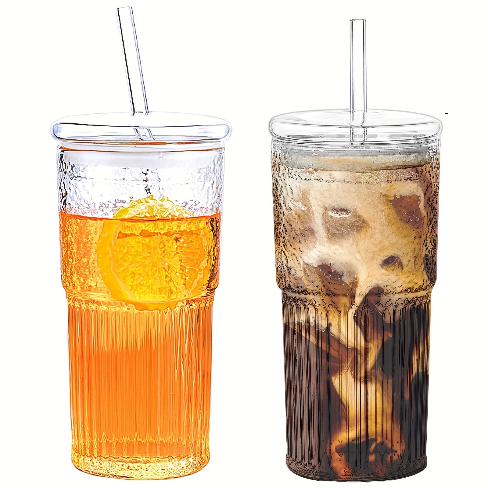 [Reusable Tumbler] 20oz Reusable Glass Tumbler Set With Lids And Straws | 2 Or 4 Pack, Ideal For Iced Coffee, Juice, Milk, Home And Gifts