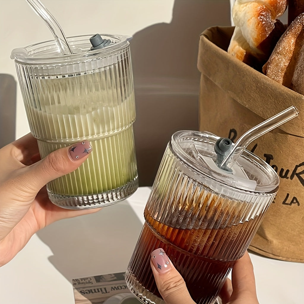 2/4pcs Premium Glass Coffee Cups with Straws and Lids, 360ml/12.17oz - Durable Drinking Glasses, Perfect for Coffee, Tea, Milk, Ideal for Home & Office Use, Holiday Gifts, Couples Gift