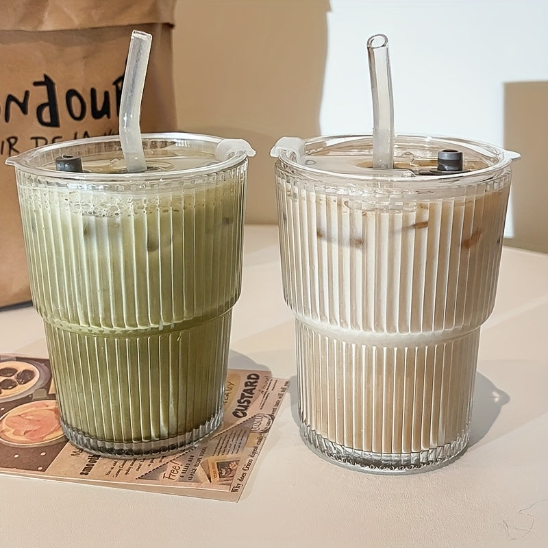 2/4pcs Premium Glass Coffee Cups with Straws and Lids, 360ml/12.17oz - Durable Drinking Glasses, Perfect for Coffee, Tea, Milk, Ideal for Home & Office Use, Holiday Gifts, Couples Gift
