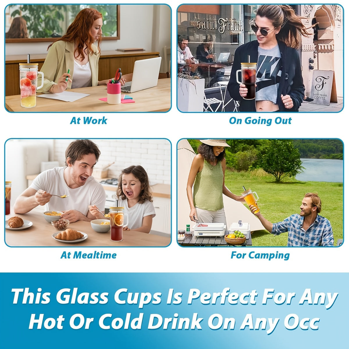 4/2pcs Glasses with Lids And Straws 24 Oz/700 Ml Mason Jar Beverage Mugs with Handles Straw Brush Cup Brush for Iced Tea Or Coffee, Christmas, Halloween, Gift Mugs