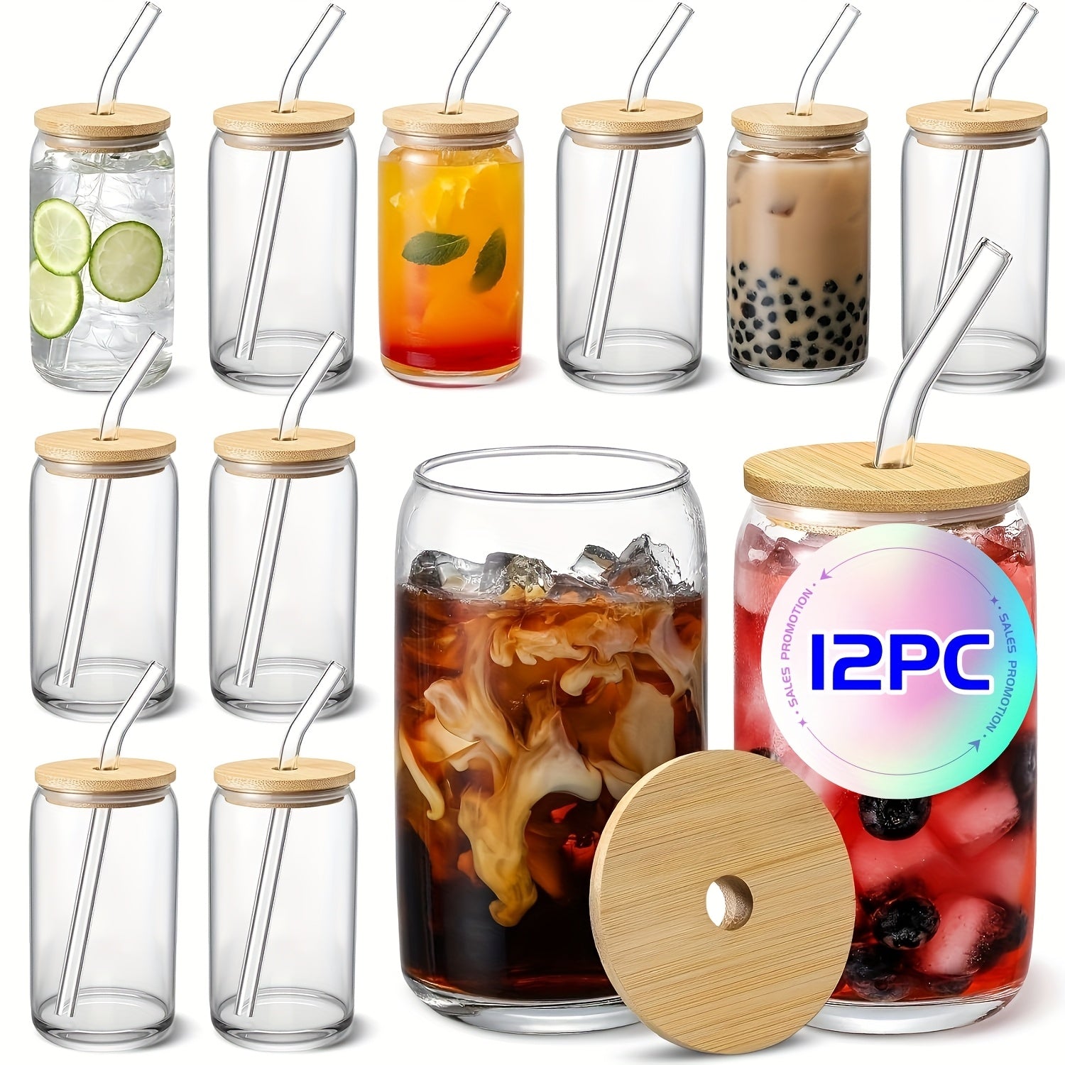 6/12pcs, Glass Straw Cups with Bamboo Lids, Perfect for Mason Jar Cups, Iced Coffee Cups, Milk Tea Cups, Soda Water, Boba Tea, Reusable, Suitable for Furniture Kitchens, Hotels, Home Party Supplies, 18.7 Ounces/550 Milliliters