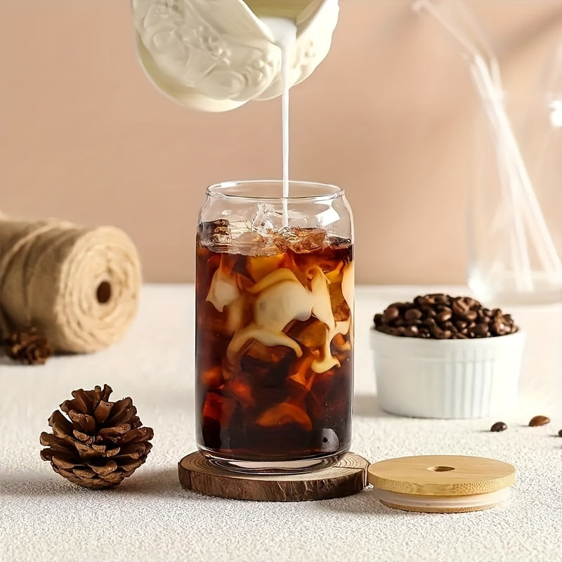 8-Pack Glass (With Bamboo Lid & Glass Straw Set) Gift Cleaning Brush - 16Oz Drinking Cup in Can, Iced Coffee Cup, Cute Anti-Tip Cup, Perfect for Travel, Exercise, Hydration, Christmas, Halloween, Dinner Sharing