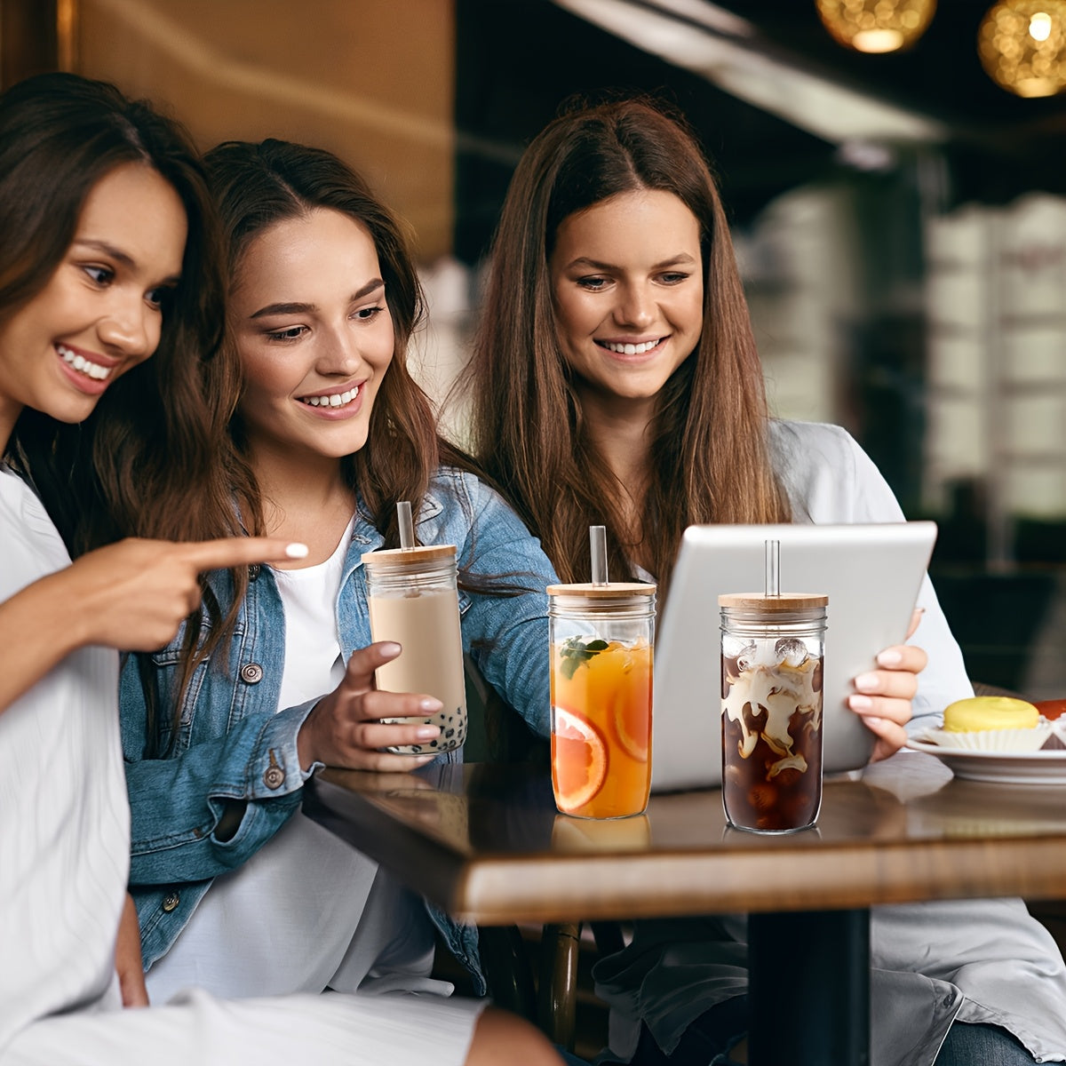 4pcs Glass Cup Set with Wooden Lids & Straws - BPA-Free, Reusable Drinking Jars for Hot & Iced Coffee, Tea, and Beverages - Ideal for Outdoor, Parties & Gifts - Christmas Essential, Cup Accessories