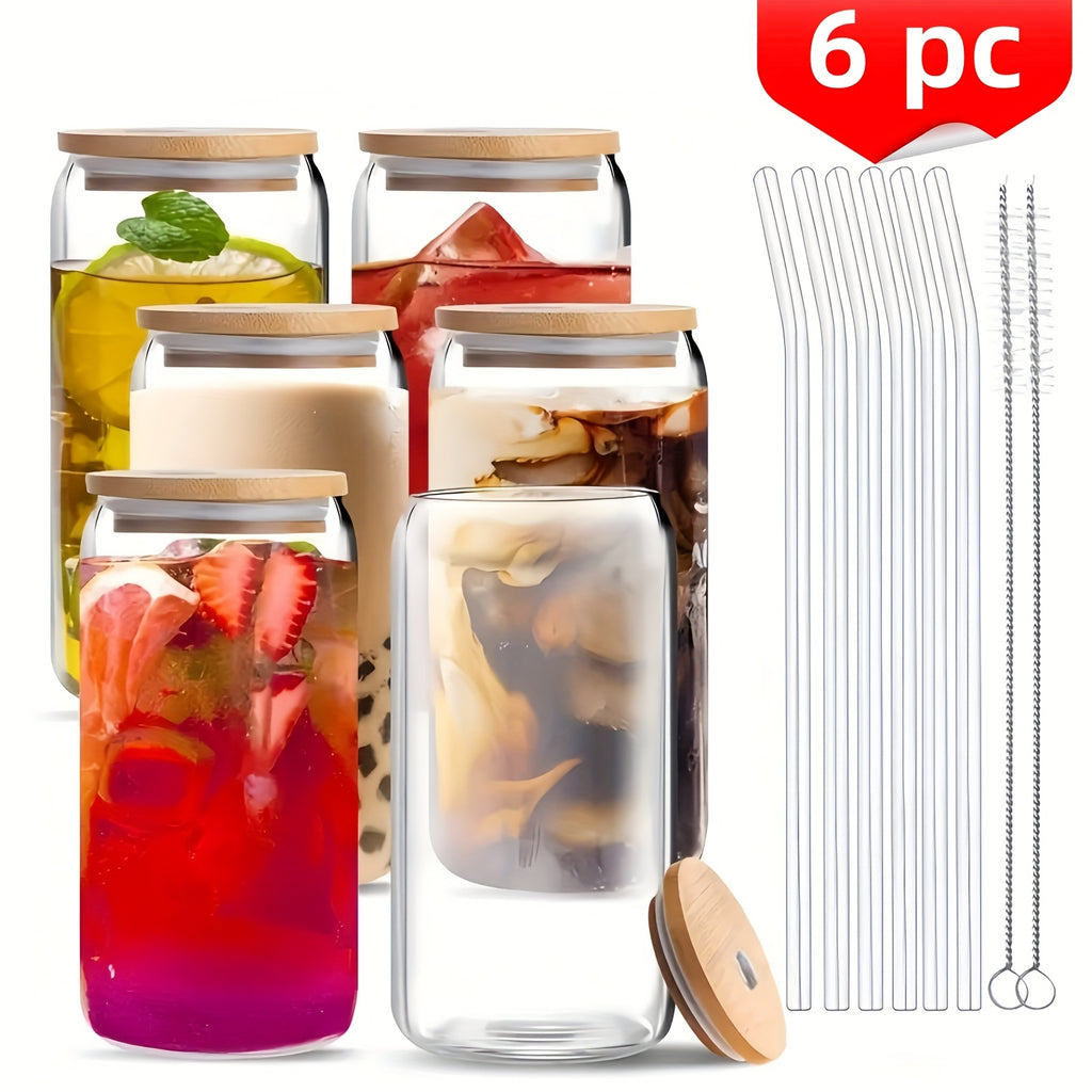 6/12pcs, Glass Straw Cups with Bamboo Lids, Perfect for Mason Jar Cups, Iced Coffee Cups, Milk Tea Cups, Soda Water, Boba Tea, Reusable, Suitable for Furniture Kitchens, Hotels, Home Party Supplies, 18.7 Ounces/550 Milliliters