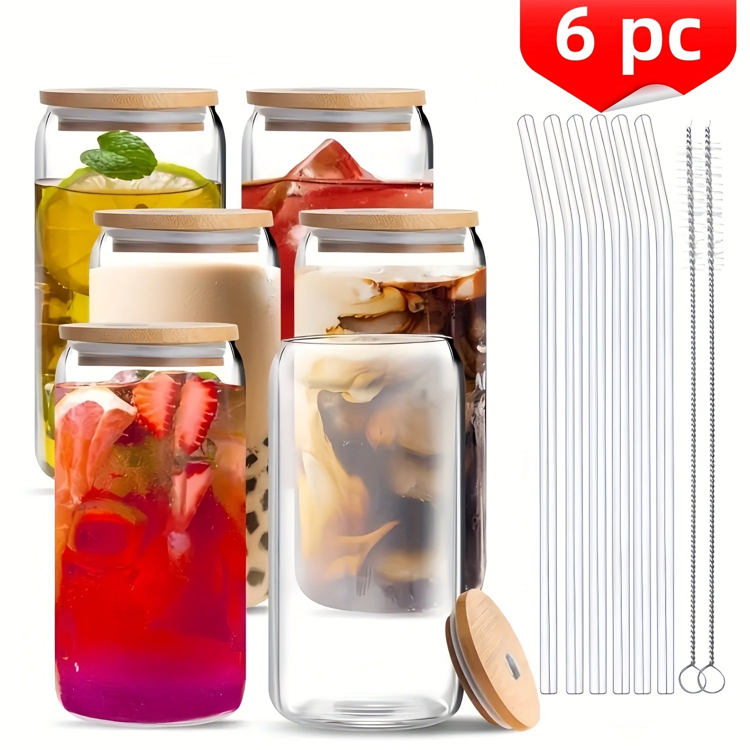 6/12pcs, Glass Straw Cups with Bamboo Lids, Perfect for Mason Jar Cups, Iced Coffee Cups, Milk Tea Cups, Soda Water, Boba Tea, Reusable, Suitable for Furniture Kitchens, Hotels, Home Party Supplies, 18.7 Ounces/550 Milliliters