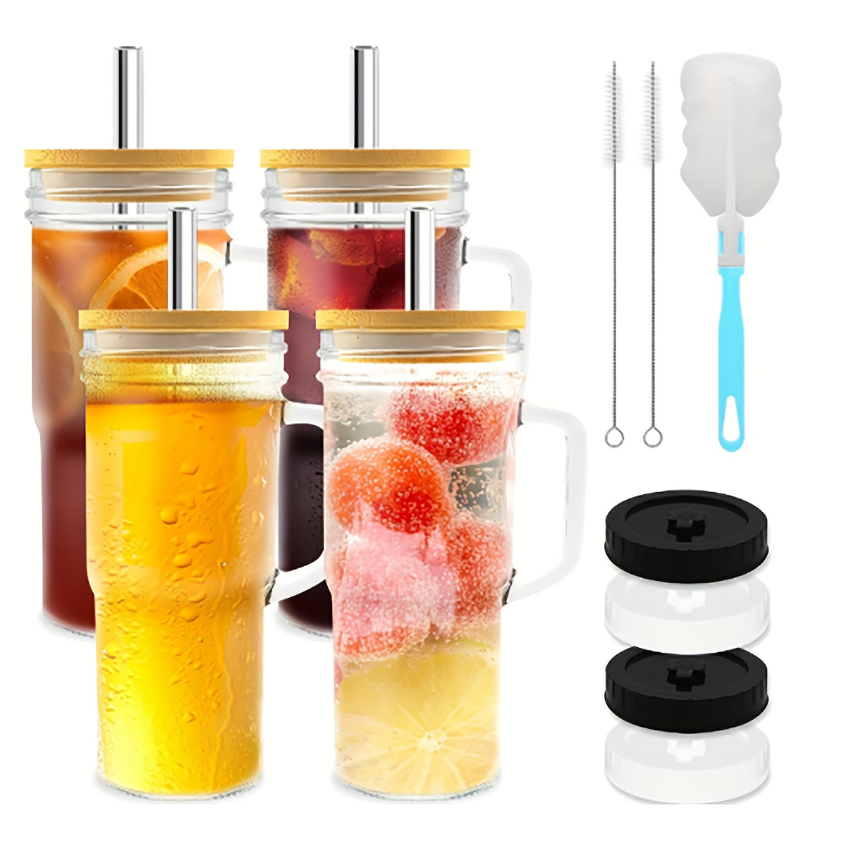 2/4 Pack 24oz Glass Mason Jar Cups with Bamboo Lids, Stainless Steel Straws, and Cleaning Brushes - Reusable Insulated Drinking Glasses with Handles, BPA-Free, Multipurpose for Hot/Cold Beverages, Tea, Beer - Ideal for Christmas, Halloween Gifts