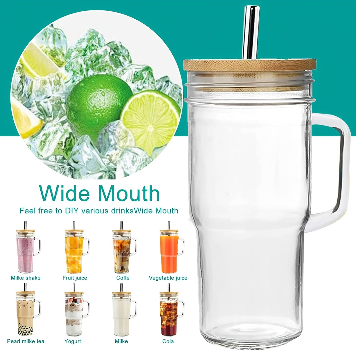 24oz Glass with Lid And Straw - Insulated Glass with Bamboo Lid And Straw, Pack Of 4