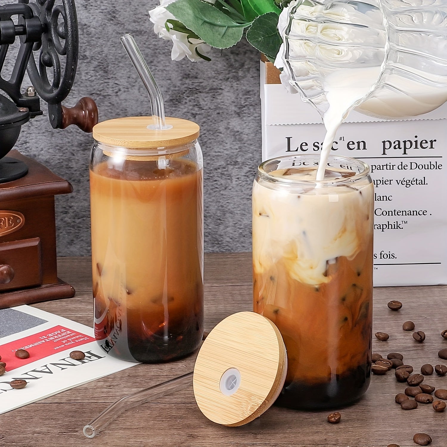 6pcs Drinking Glasses with Bamboo Lids And Glass Straw - 16 Oz Can Shaped Glass Cups for Beer, Ice Coffee, Cute Tumbler Cup Great for Soda Boba Tea Cocktail Include 2 Cleaning Brushes