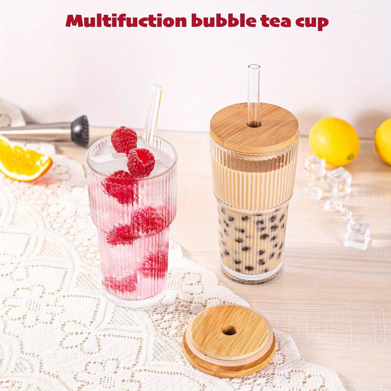 2pcs Dingerjar 20oz Ribbed Glass Tumblers with Bamboo Lids & Glass Straws - Wide Mouth Thickened Vintage Cups for Boba Tea, Iced Coffee, Juice - Reusable, Dishwasher Safe, High-Quality Drinkware, Travel Drinkware, Natural Bamboo Design, Durable Drinkware,