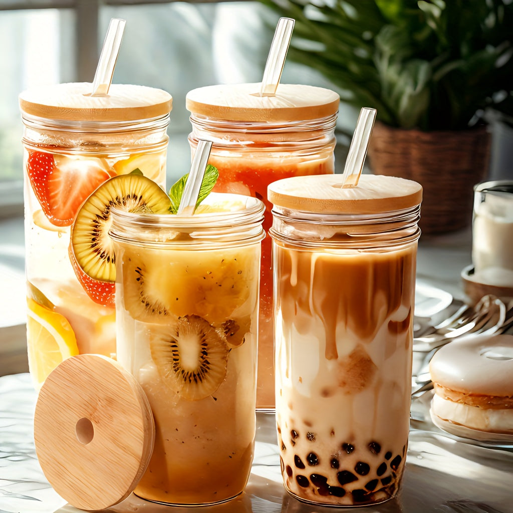 4pcs Glass Set - 24oz Mason Jar Drinking Glasses with Bamboo Lid, Straw And 2 Sealable Lids - Cute Reusable Water Bottle, Iced Coffee Mug, Travel Insulated Mug, Bubble Tea, Smoothie, Juice