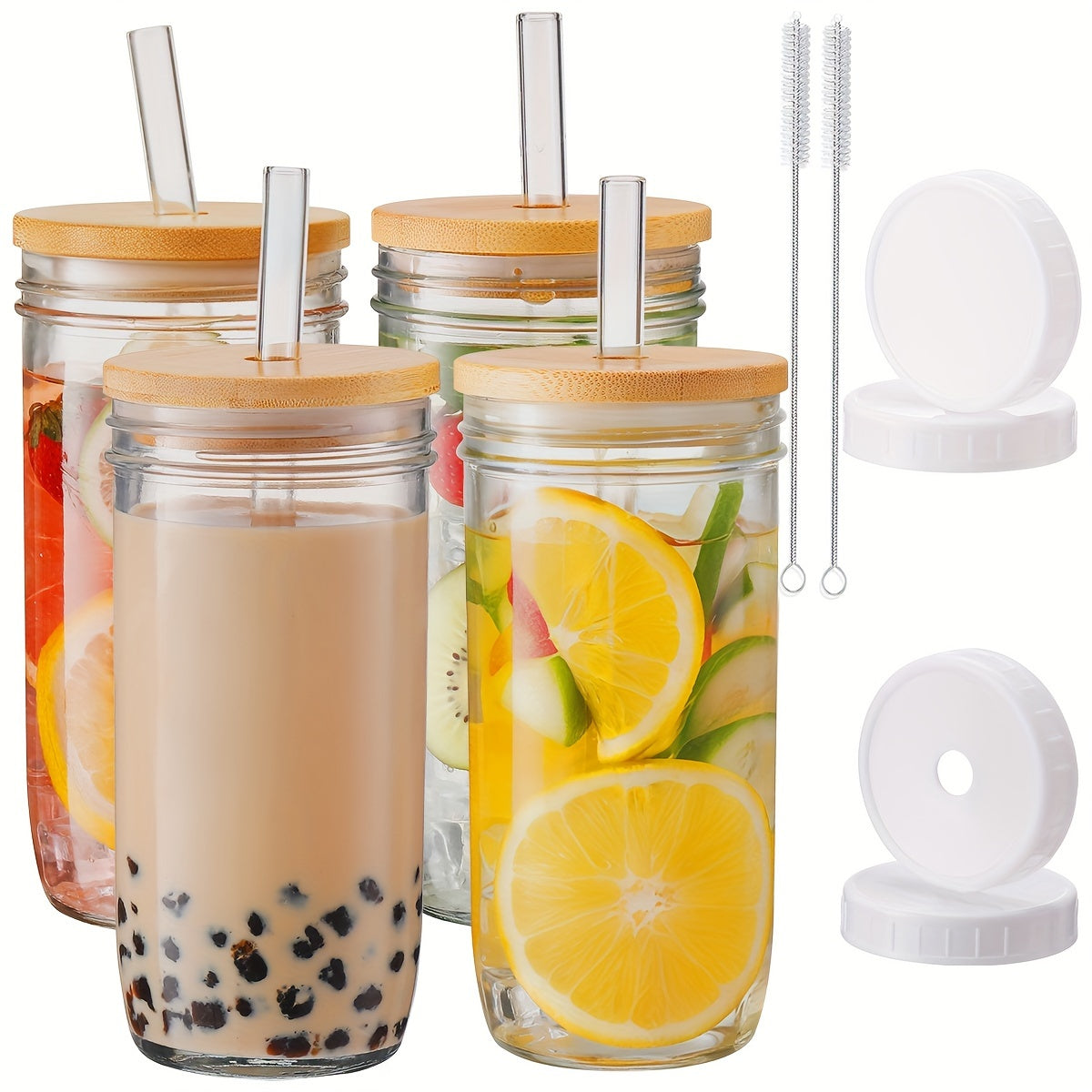 4pcs Mason Jar Drink Cups with 4 Bamboo Lids, Straws And Plastic Lids - Reusable Cute Boba Bottle, Iced Coffee Cup, Bubble Tea Travel Flask, Smoothie, Juice Jug