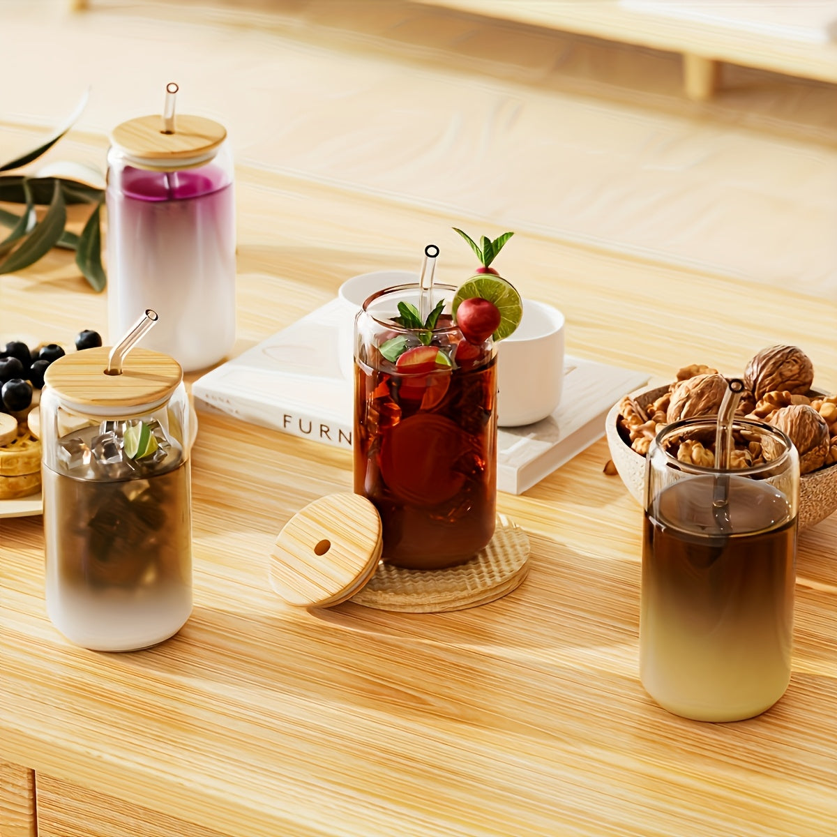 8pcs 16oz Glass Drinking Jars with Wood Lids & Glass Straws, Hand Wash Multipurpose Iced Coffee Cups - BPA-Free, Insulated, Reusable Round Beverages Set for Sodas & Parties