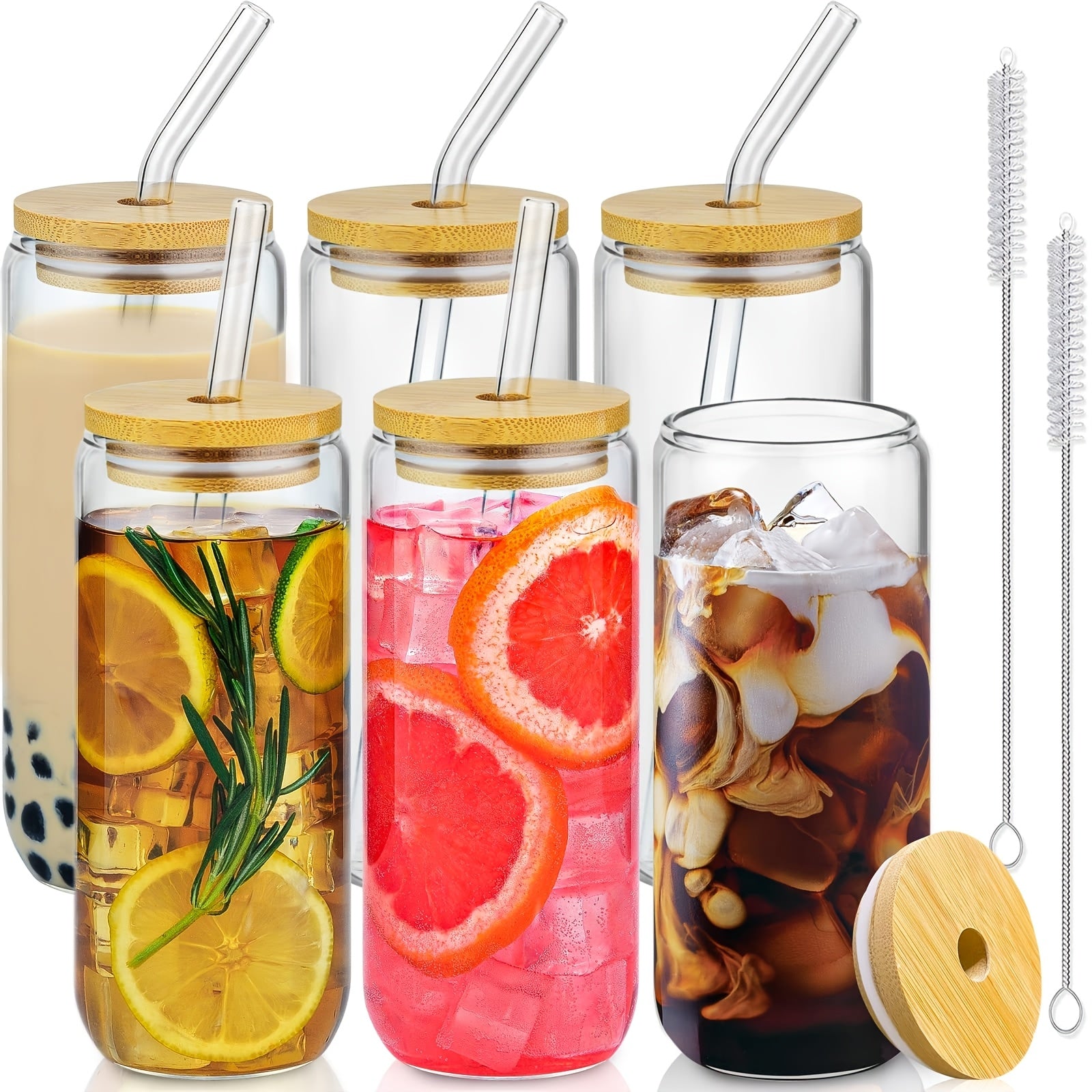 6pcs Drinking Glasses with Bamboo Lids And Glass Straw - 16 Oz Can Shaped Glass Cups for Beer, Ice Coffee, Cute Tumbler Cup Great for Soda Boba Tea Cocktail Include 2 Cleaning Brushes