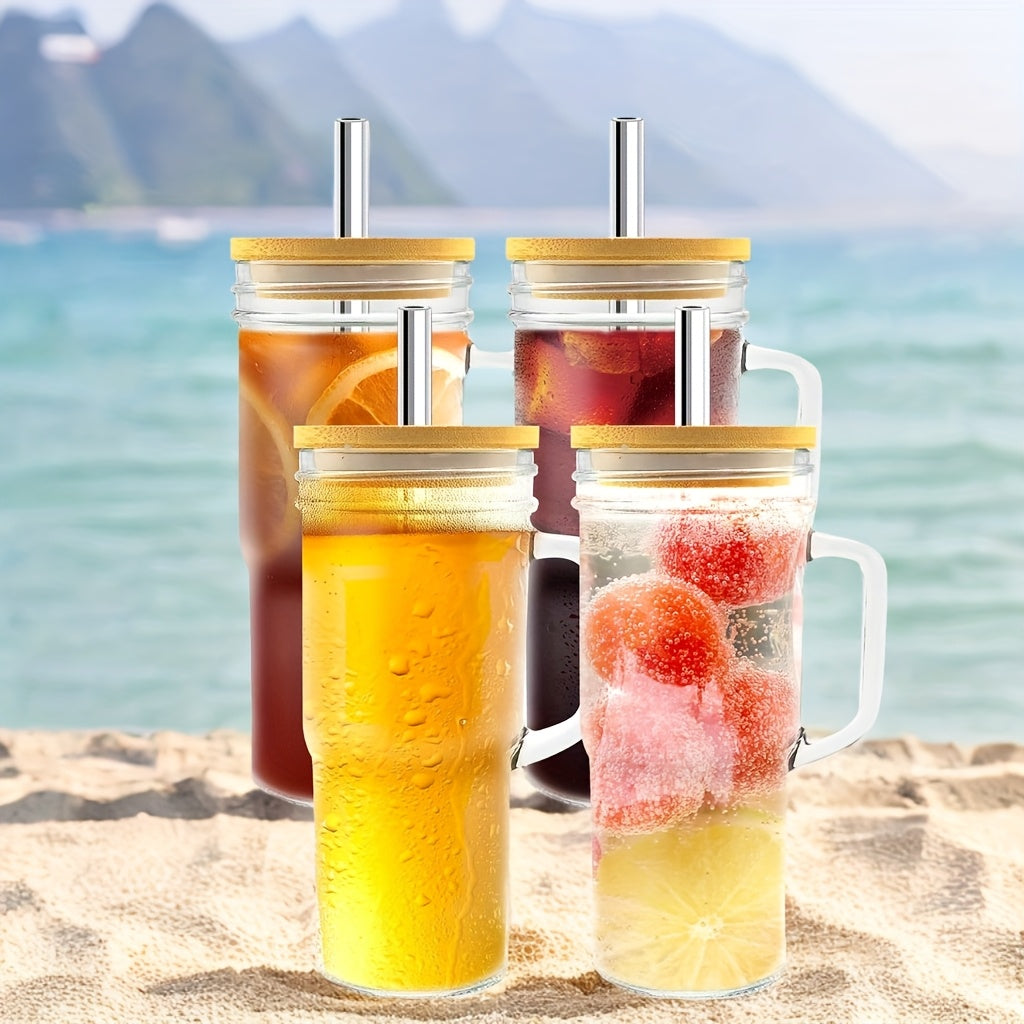 2/4pcs Thickened Large Capacity Glass Cup with Lid, Straw, Handle, Wide Mouth Drinking Cup, Fitness Sports Cup, Coffee Cup Glass, Housewarming Gift New Home, Cup with Lid And Straw, Reusable Glassware, Modern Drinkware Set, Sleek Glass Cup, Premium
