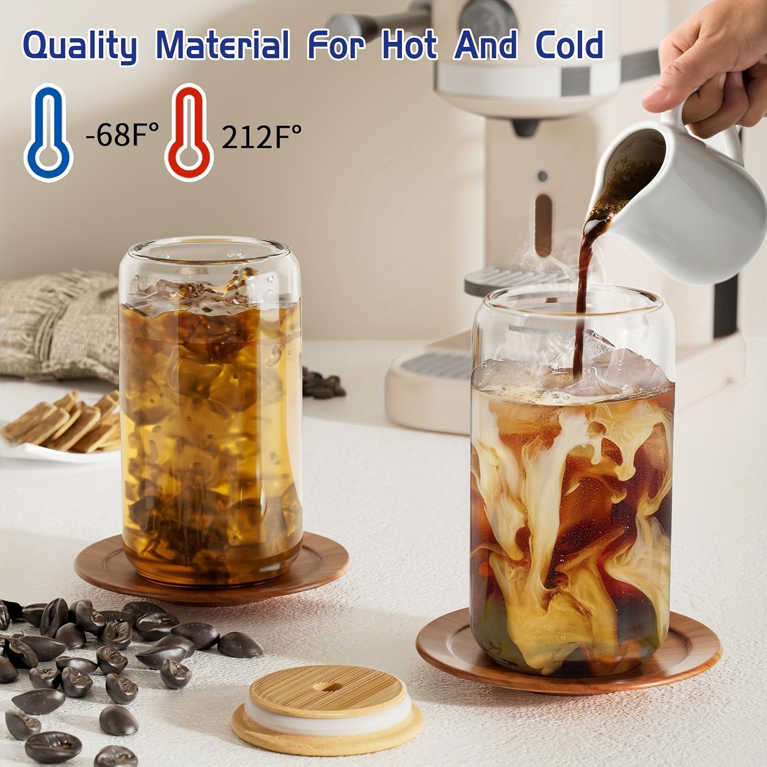 12/16pcs Glass Cup, 16oz with Bamboo Lid and Glass Straw Drinking Water Cup, Suitable for Ice Cups American Style, Juice, Milk - Comes with 2 Straws Cleaning Brushes