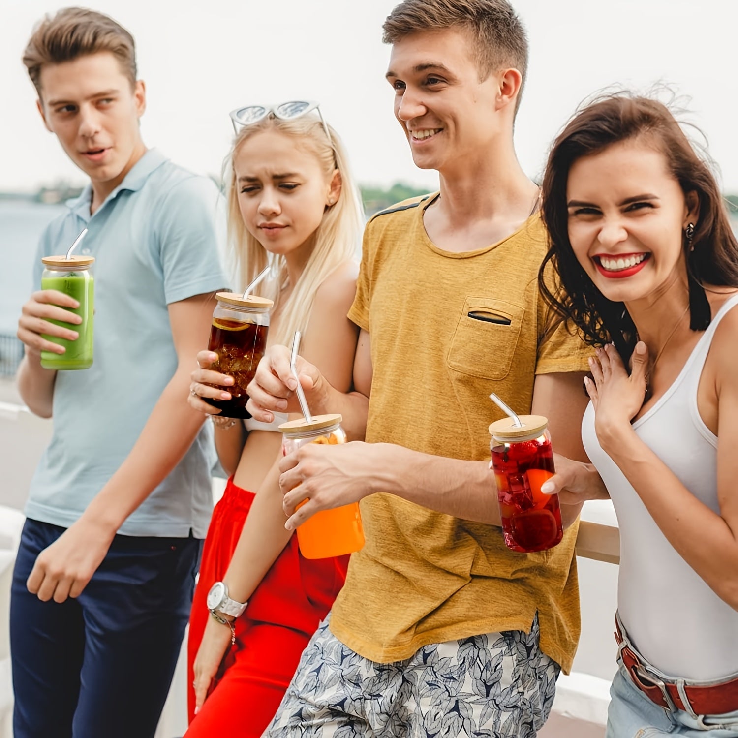 6pcs Drinking Glasses with Bamboo Lids And Glass Straw - 16 Oz Can Shaped Glass Cups for Beer, Ice Coffee, Cute Tumbler Cup Great for Soda Boba Tea Cocktail Include 2 Cleaning Brushes
