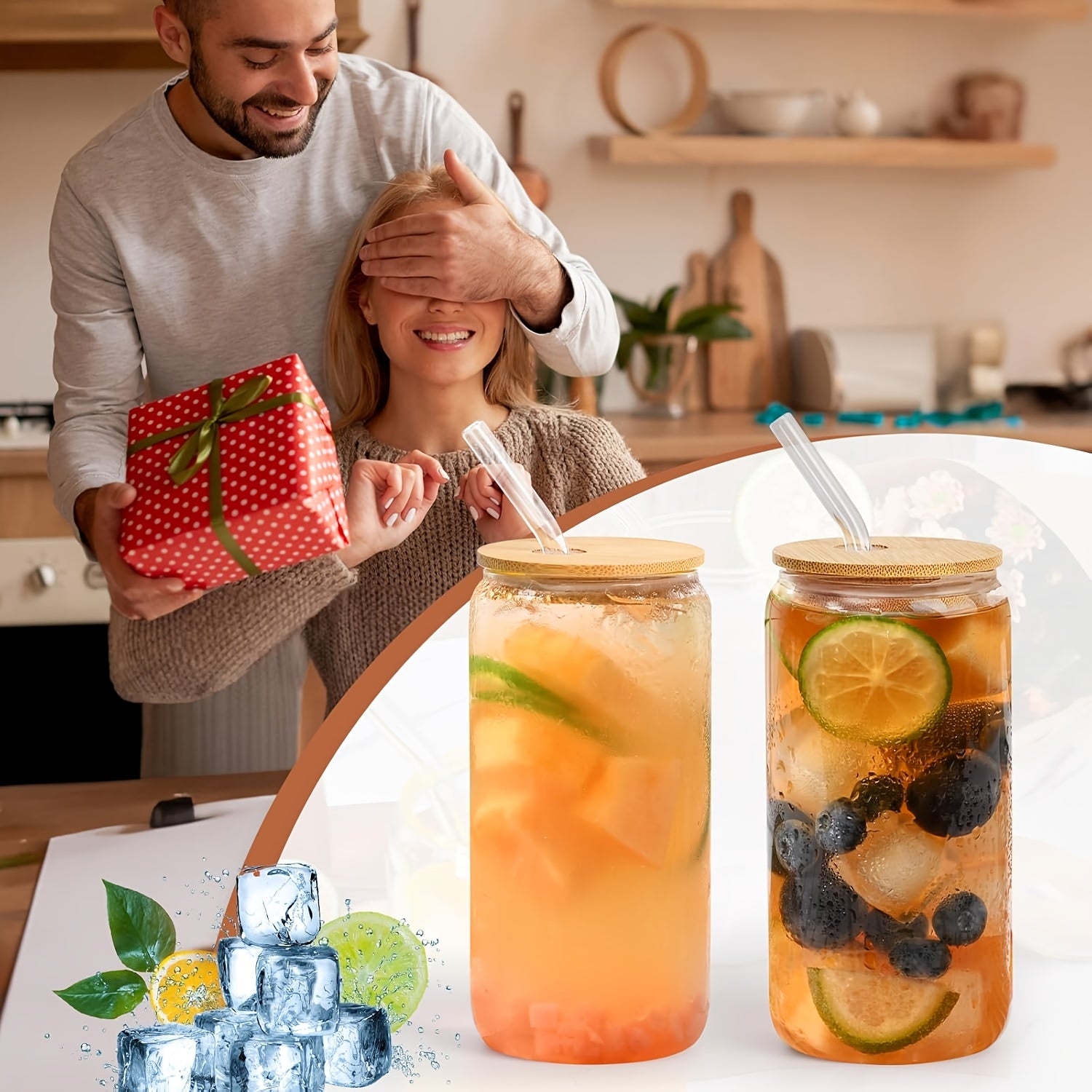 4pcs Reusable 16oz Glass Tumblers with Bamboo Lids & Straws – Hawaiian-Themed Drinkware for Iced Coffee, Smoothies, Boba, Soda, and Tea – BPA-Free, Hand Wash Only, Perfect for Summer Beverages by the Beach or Pool