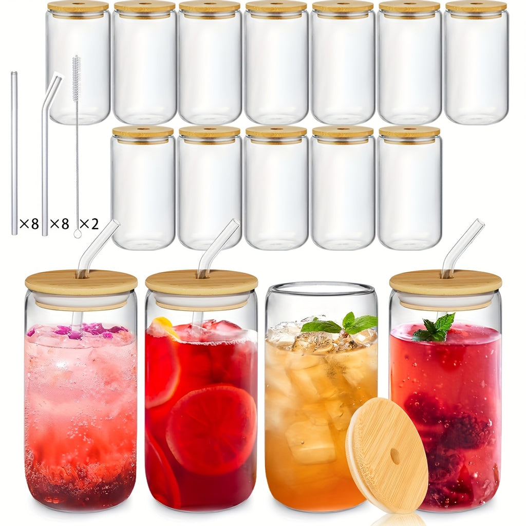 12/16pcs Glass Cup, 16oz with Bamboo Lid and Glass Straw Drinking Water Cup, Suitable for Ice Cups American Style, Juice, Milk - Comes with 2 Straws Cleaning Brushes