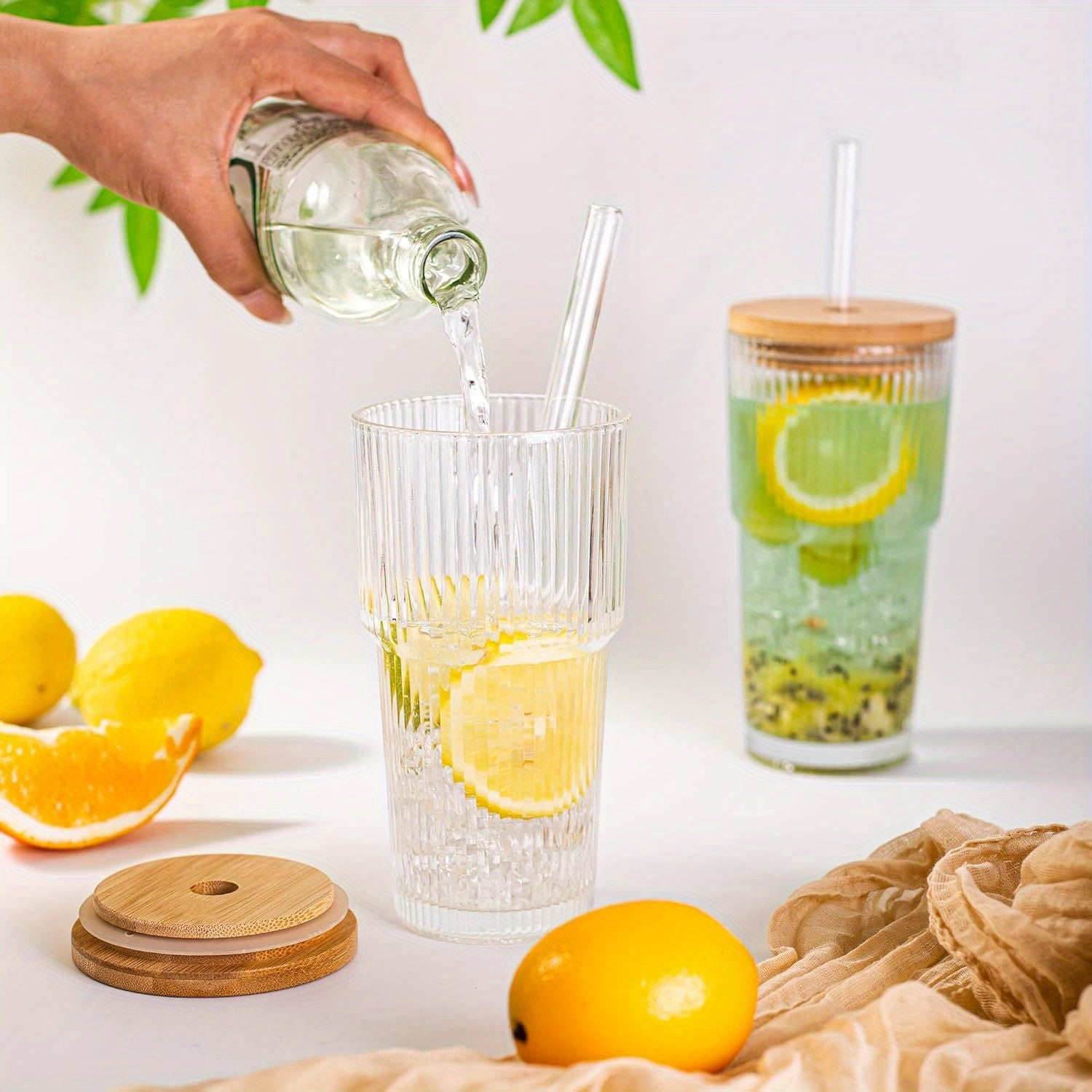2pcs Dingerjar 20oz Ribbed Glass Tumblers with Bamboo Lids & Glass Straws - Wide Mouth Thickened Vintage Cups for Boba Tea, Iced Coffee, Juice - Reusable, Dishwasher Safe, High-Quality Drinkware, Travel Drinkware, Natural Bamboo Design, Durable Drinkware,