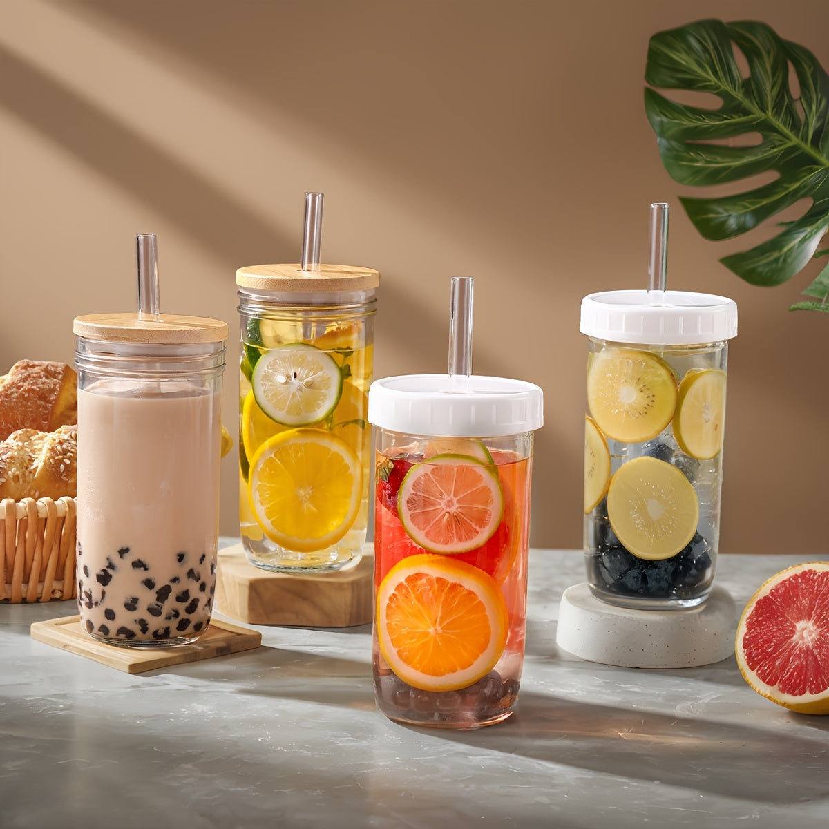 4pcs/8pcs Glass Mug Transparent Drinking Mug with Lid And Straw, with Straw Brush for Milkshake, Juice, Milk Tea, Household Glasses, Thermal Insulation And Cooling Drink Container