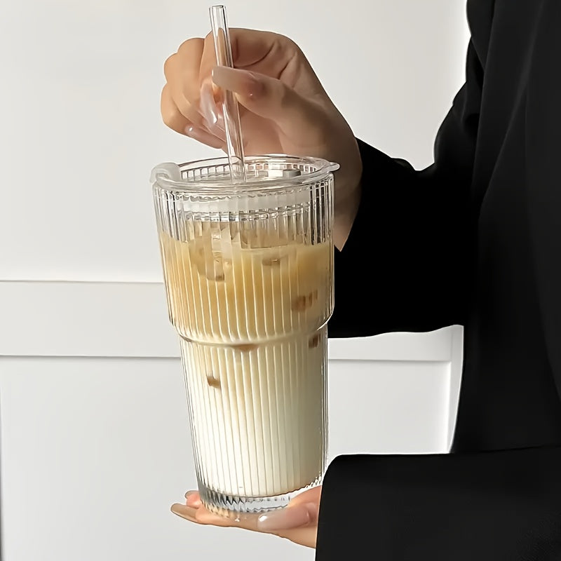 2/4pcs Vintage Striped Glasses, Glasses With Glass Straws, 19 Oz Coffee Mugs, Thickened High Borosilicate Material Glasses, Perfect For Iced Coffee, Juice, Drinks, Family And Parties