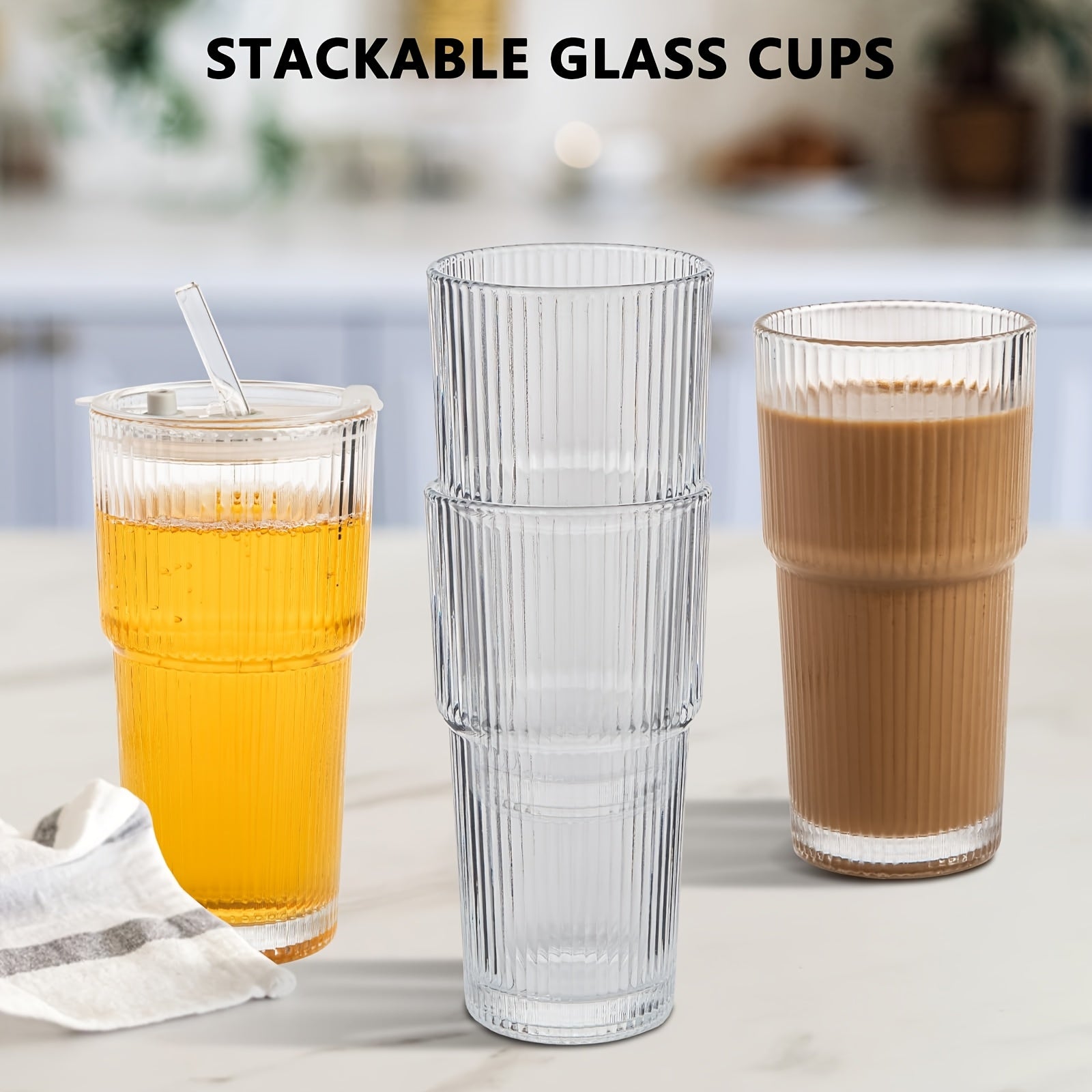 2pcs 20 Oz Ribbed Glass Tumblers With Lids And Glass Straws 4piece Glassware Set, Thickened Glass, Ideal For Iced Coffee, Smoothies, Cocktails, And Juices Elegant And Durable Drinkware
