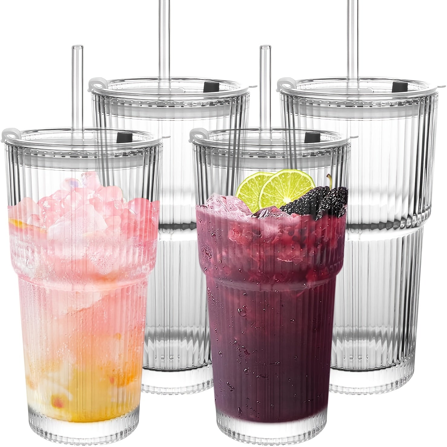 2/4pcs Vintage Striped Glasses, Glasses With Glass Straws, 19 Oz Coffee Mugs, Thickened High Borosilicate Material Glasses, Perfect For Iced Coffee, Juice, Drinks, Family And Parties