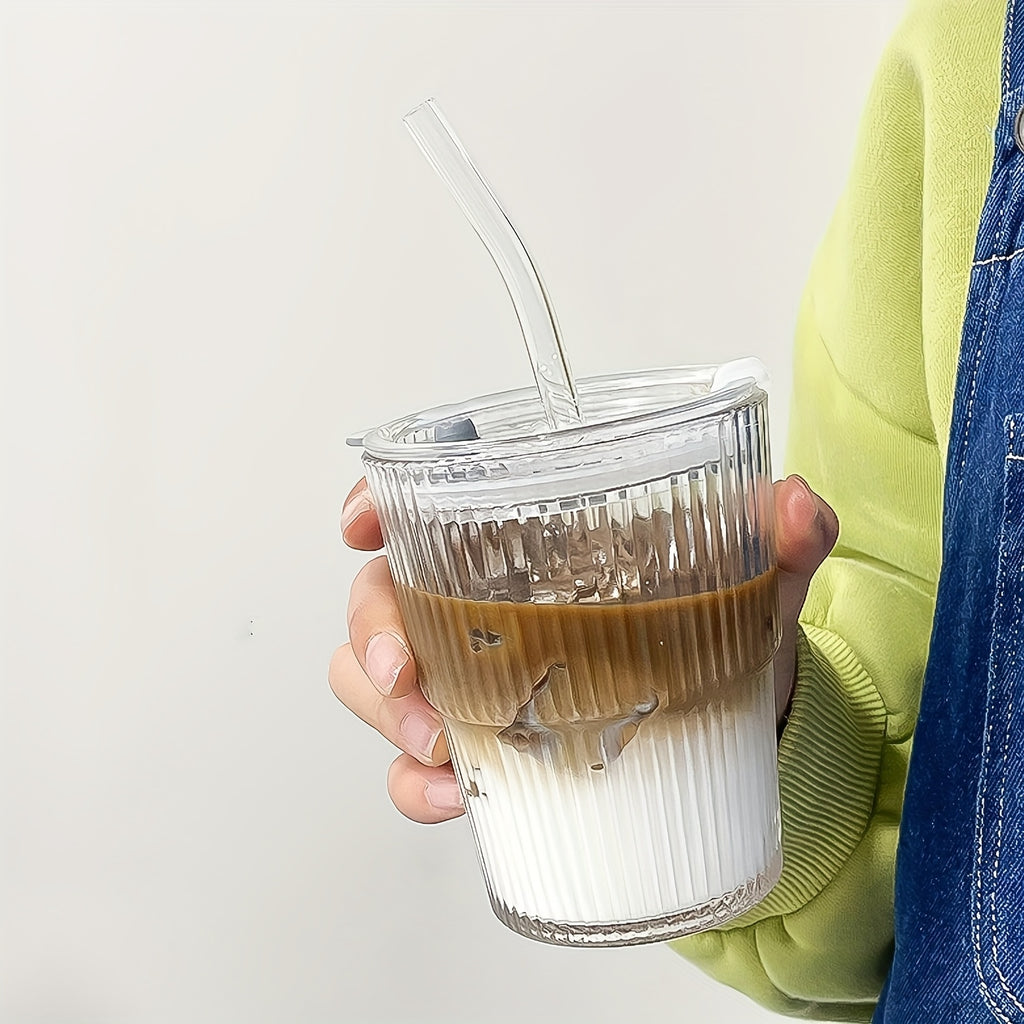 2/4pcs Premium Glass Coffee Cups with Straws and Lids, 360ml/12.17oz - Durable Drinking Glasses, Perfect for Coffee, Tea, Milk, Ideal for Home & Office Use, Holiday Gifts, Couples Gift