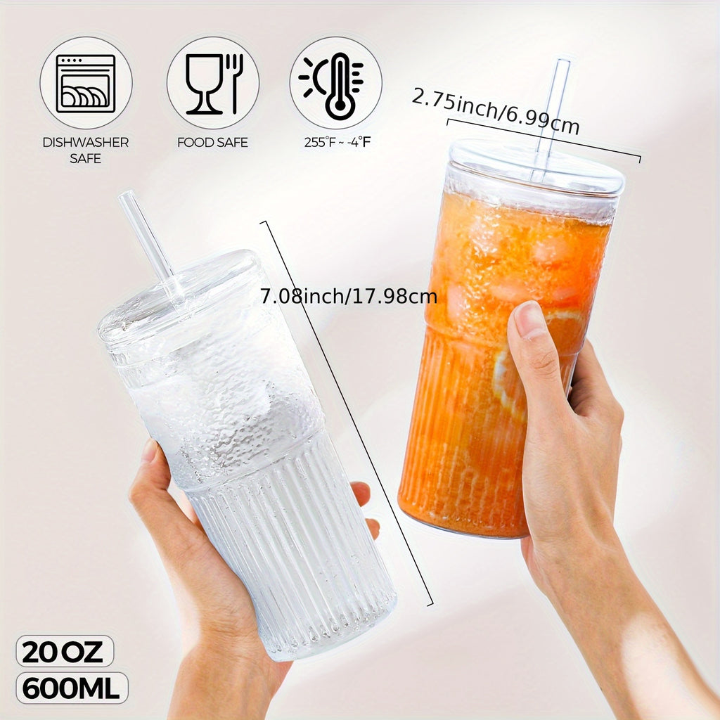 2pcs 20oz Glass Tumbler Set with Lids And Glass Straws Reusable Iced Coffee Cups Juice And Milk Bottles Perfect Family Gift
