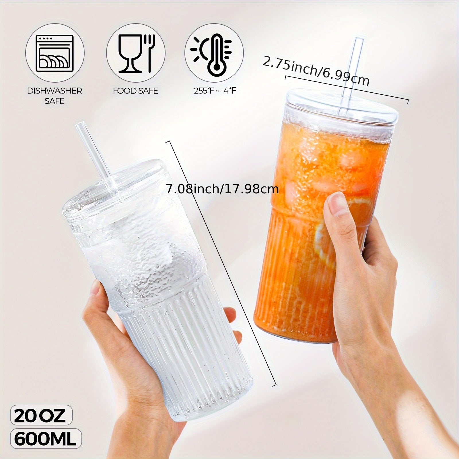 2pcs 20oz Glass Tumbler Set with Lids And Glass Straws Reusable Iced Coffee Cups Juice And Milk Bottles Perfect Family Gift